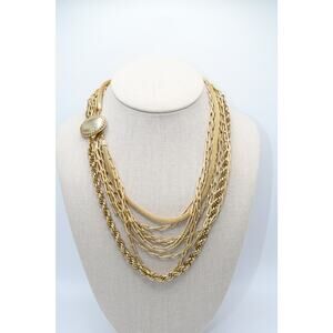 Mid Century Gold Tone 8 Strand Multi Chain Necklace 18” Layered Statement